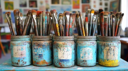 A vibrant and colorful array of well-used paintbrushes stored in old, paint-splattered jars arranged neatly on a shelf in an artist's studio
