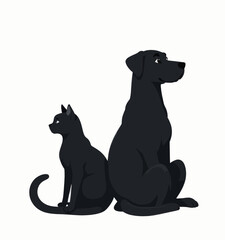 Black Cat and Dog Sitting Together 
