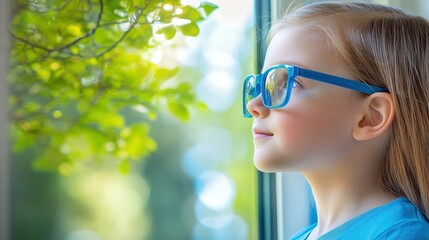 Young child wearing blue glasses focusing on distant tree outside window, symbolizing myopia prevention and importance of outdoor activities.