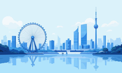Obraz premium Blue City Skyline with Ferris Wheel and Reflection 