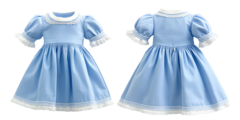 Blue infant baby cute dress front and back view. Blank mockup design on transparent cutout background, PNG file. Mockup clipart template