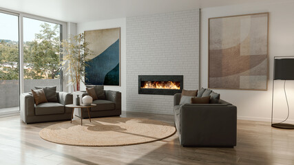 Large luxury modern Relaxing and Comfortable bright interiors Living room mockup illustration 3D rendering image
