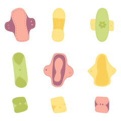 A set of women's fabric eco-friendly pads for the menstrual period in different shapes and colors. Zero Waste Concept