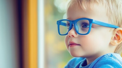 Young child wearing blue glasses focusing on distant tree outside window, symbolizing myopia prevention and importance of outdoor activities.