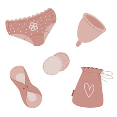 Reusable feminine hygiene products during menstruation. Menstrual cup, cloth pads. Hygiene without waste