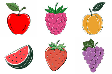 A set of six fruit images, including apples, strawberries, grapes