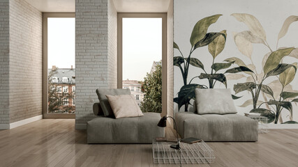 Large luxury modern Relaxing and Comfortable bright interiors Living room mockup illustration 3D rendering image