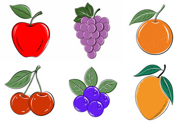 A set of six fruit images, including apples, oranges, and grapes