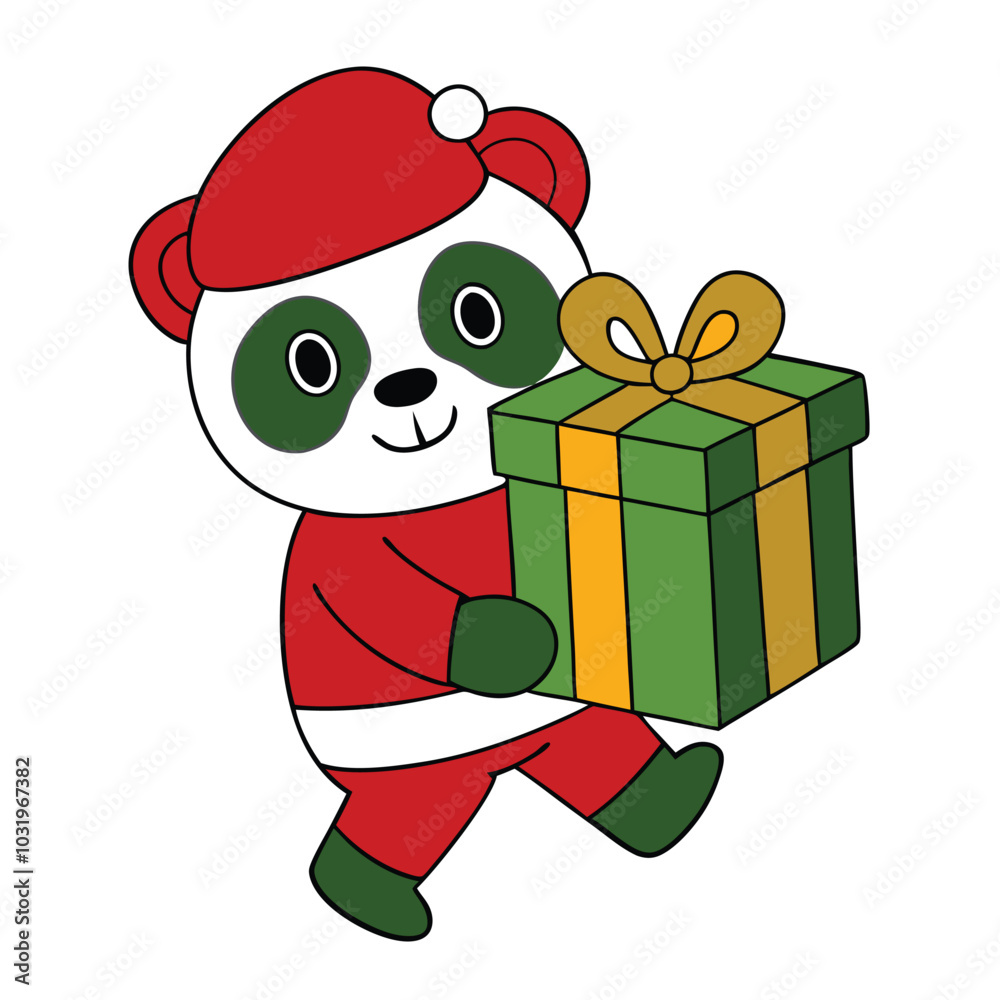 Wall mural Adorable Panda Holding Christmas Gift Box Vector.