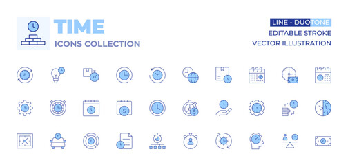 Time icons collection. Line Duotone style, editable stroke. taxi, time, balance, earth hour, time is money, time management, time lapse, calendar, money, file