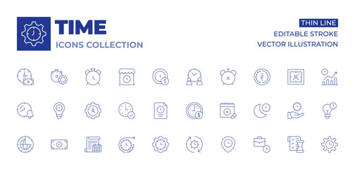 Time icons collection. Thin Line icons, editable stroke. future, on time, time, time management, time zone, calendar, clock, time is money