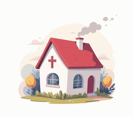 Cartoon House with Cross and Smoke 

