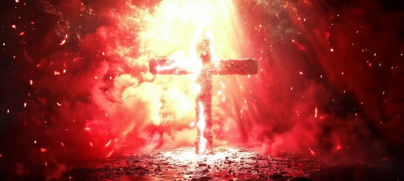 Jesus Cross symbol with red hell light effect. Christianity religion faith worship spirituality concept. Generative AI technology.	
