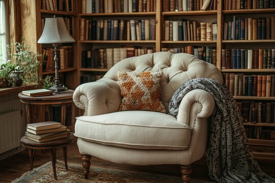 A cozy corner in a library with a plush armchair, a small side table with a lamp, and a stack of books. Generative AI