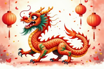 Fototapeta premium Vibrant dragon dance scene with red lanterns and festive decorations, Lunar New Year celebration