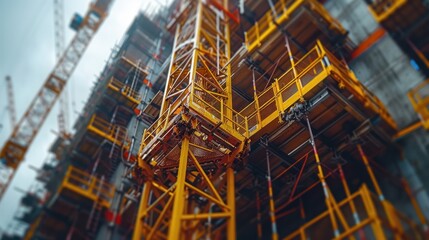 Fototapeta premium A vibrant construction site showcasing yellow cranes and scaffolding against a cloudy sky in urban development. Generative AI