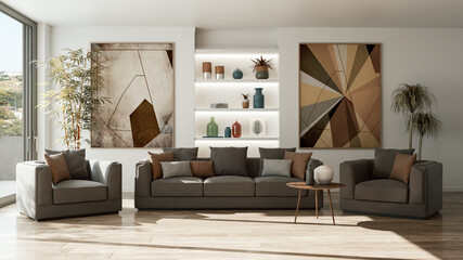 Large luxury modern Relaxing and Comfortable bright interiors Living room mockup illustration 3D rendering image