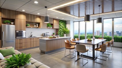 Modern Office Break Room with Kitchenette and Stylish Seating for Relaxation and Collaboration in a Chic Workspace Environment