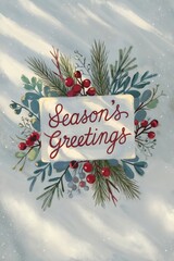 Season's Greetings Postcard with Festive Christmas Wreath