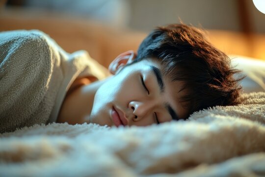 A relaxed millennial man of oriental appearance sleeps lying down with his eyes closed in the bedroom at home. Healthy sleep concept. side view, Generative AI