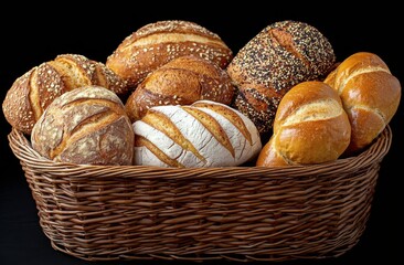 Freshly baked bread rolls in a woven basket against a dark background showcasing various types