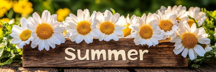 Obraz premium White Daisies and Sunny Yellow Flowers With a Summer Sign on a Rustic Wooden Background,