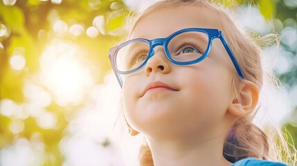 Young child wearing blue glasses focusing on distant tree outside window, symbolizing myopia prevention and importance of outdoor activities.
