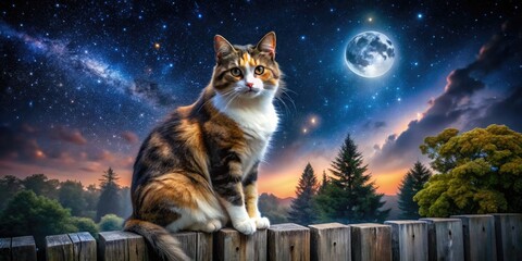 Night Photography of a Calico Cat Under a Starry Sky, Capturing the Beauty of Feline Grace and Colorful Patterns in Moonlight, Perfect for Animal Lovers and Pet Enthusiasts