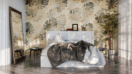 Modern bright bed room interiors 3D rendering illustration computer generated image