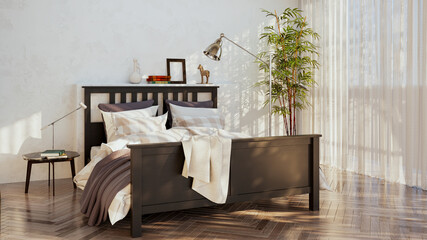 Modern bright bed room interiors 3D rendering illustration computer generated image