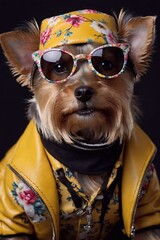 Fashionable Yorkshire Terrier in a stylish jacket and glasses