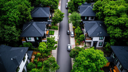 Aerial view of suburban houses with greenery