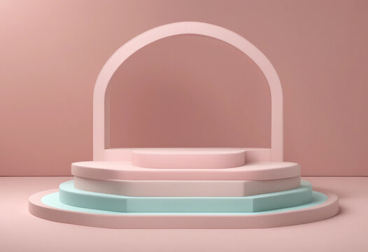 3D Podium stand with pastel color arches scene Minimalist geometric vacant platform for blank mock u