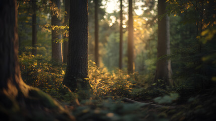 Obraz premium Golden Sunlight Through Forest Trees Nature Photography