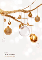 Merry Christmas and Happy New Year poster. Realistic 3d golden Christmas baubles hanging from sparkling gold branch on bright white background. Vector illustration