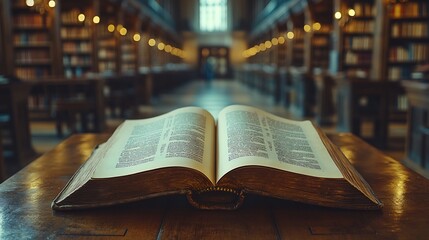 Obraz premium Detailed closeup of an open book pages gently turning set against a softly blurred library backdrop with rows of bookshelves capturing the essence of reading on World Book Day