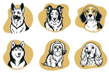 A set of dog illustrations with a variety of breeds