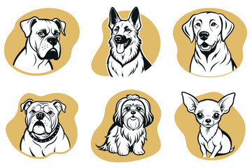 A set of dog illustrations with a variety of breeds, including a bulldog