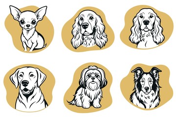 A set of dog illustrations with a variety of breeds