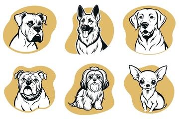 A set of dog illustrations with a variety of breeds, including a bulldog