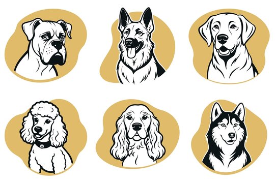 A set of dog illustrations with a variety of breeds including a poodle