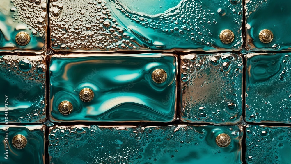 Sticker Metallic teal tiles with gold accents and water droplets.