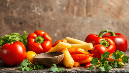 Wooden spoon and fresh organic vegetables on old background isolated with white highlights, png
