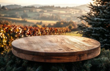 Beautiful wooden table adorned with pine cones overlooks a stunning vineyard landscape at sunset