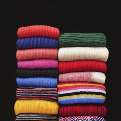 A stack of colorful knitted sweaters arranged neatly.