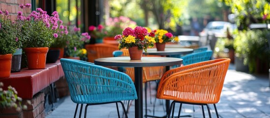 Colorful outdoor cafe seating with woven chairs, tables, and potted flowers.