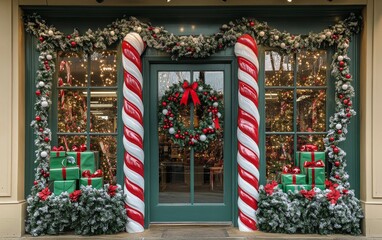 Festively decorated shop entrance with Christmas gifts, candies, and wreath in winter season