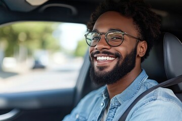 Side portrait of happy young black male driver driving a car, Generative AI
