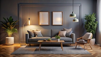 Fototapeta premium Scandinavian Living Room Night Photography - Minimalist Gray Sofa, Cozy Atmosphere, Blank Picture Frame Mockup, Stylish Decor, Tranquil Interior Design, Warm Lighting, Modern Aesthetics