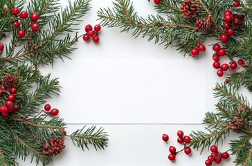 Festive holiday decoration with evergreen branches, red berries, and ornaments on a white background